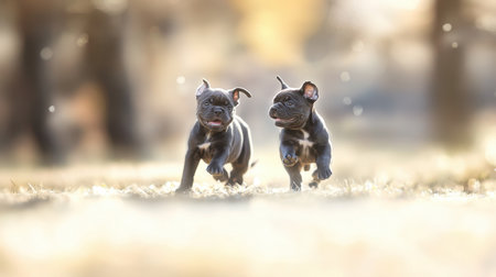 Cane Corso puppies frolicking in tilt-shift style, capturing joy and texture with a depth of field that brings focus to each detailの素材