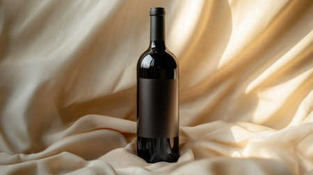 Minimalist wine bottle on beige fabric, dark glass, clean label design, with a warm lighting setup creating a premium, sophisticated vibeの素材