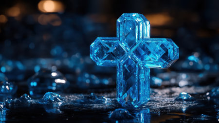 Blue crystal cross on a dark backdrop, radiating intricate light reflections, showcasing artistic elegance and skillの素材