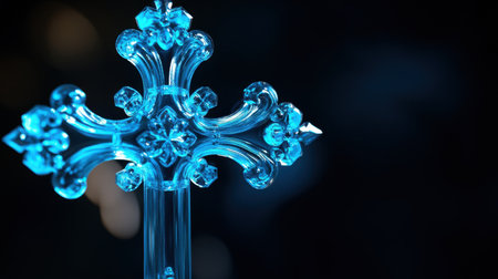 Close-up of an illuminated blue crystal cross, set against a dark background to enhance detailed craftsmanship and beautyの素材