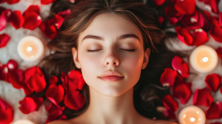 Young woman having a spa day at home, surrounded by candles and rose petals, creating a relaxing Valentine Day momentの素材
