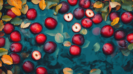Aerial view of vibrant red plums floating with sliced pieces, creating an elegant display of fresh colors and texturesの素材