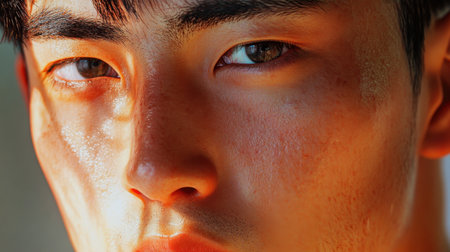 Closeup of a young man face in generative AI art, highlighting Asian features with soft textures and smooth shading.の素材