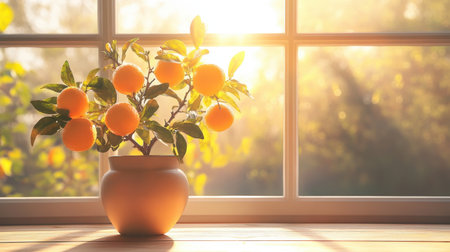 Bright room with sunlight streaming through a large window, illuminating a potted orange tree in a vase on a wooden tableの素材