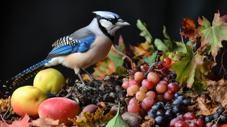 Captivating Canada Jay alongside an assortment of fruits and wild foods, evoking nature bounty in culinary styleの素材