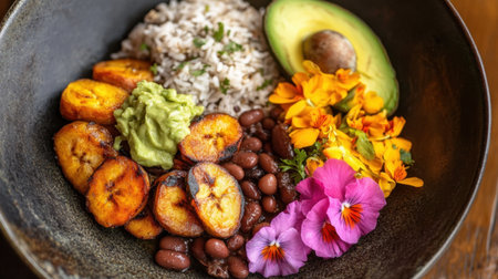 Caribbean-inspired dish with rice, beans, plantains, avocado, and tropical flowers, radiating vibrant festive appealの素材
