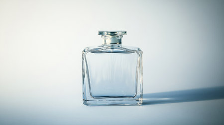 Transparent glass perfume bottle with minimal branding, softly lit, clean white background, with subtle reflections for eleganceの素材
