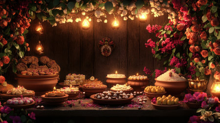 A beautifully lit Diwali setup with traditional sweets, clay lamps, and decorative flowers, creating a warm and festive ambiance.の素材