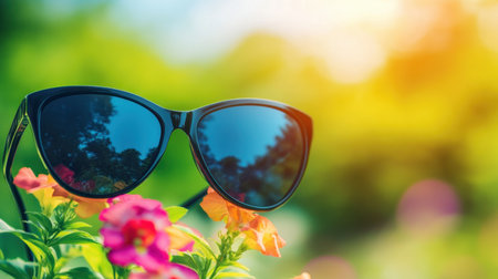 Close-up of black sunglasses on a sunny day, reflecting vibrant summer colors, ideal for capturing chic outdoor styleの素材