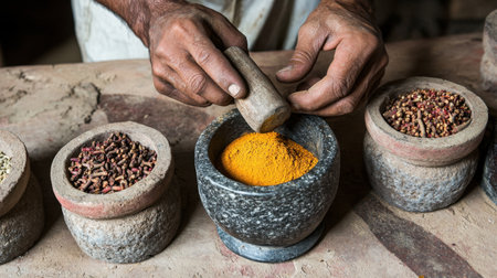 A traditional kitchen scene of a chef crushing spices in a mortar, highlighting the preparation of Indian curry masala.の素材