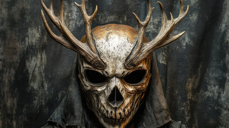 Majestic skull mask adorned with antlers, capturing an aura of ancient power and wisdom, set against a shadowed backdropの素材