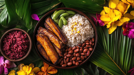 Caribbean cuisine with yuca, rice, beans, roasted pork, and plantains, surrounded by colorful tropical flowers, festive moodの素材
