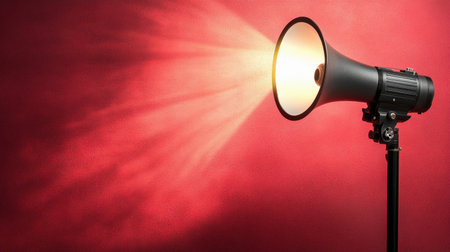 Clapper board and megaphone under spotlight, arranged on a red background, ideal for film and media enthusiastsの素材