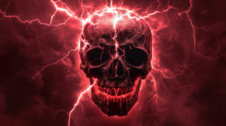Front view of a skull glowing under intense red lightning bolts, highlighting textures and creating a dramatic atmosphere.の素材