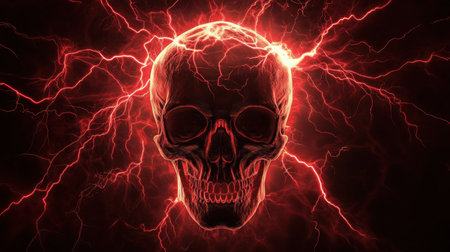 A haunting skull surrounded by crackling red lightning bolts, creating a bold and striking visual against a black background.の素材
