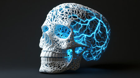 A realistic skull with intricate detailing, surrounded by a crackling blue lightning bolt on a jet-black background.の素材