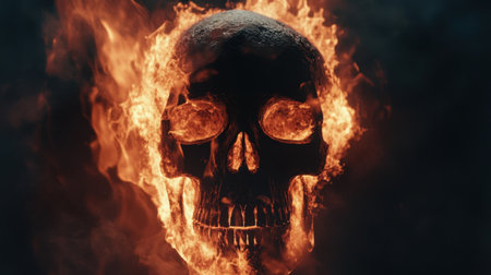 A human skull engulfed in flames, highlighting its intricate textures and shadows against a black background.の素材