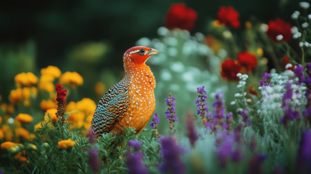 Charming cony bird amidst a mix of purple, yellow, and red flowers, emitting a soft chirp as it revels in the peaceful, verdant sceneryの素材