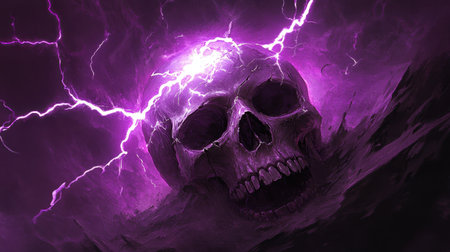 Crackling purple lightning envelops a detailed skull, emphasizing intricate textures and contours in a shadowy setting.の素材