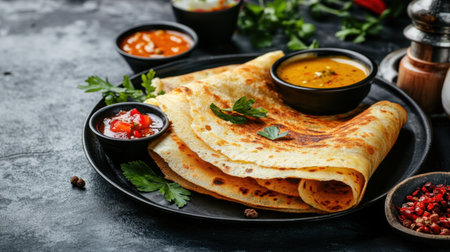 Masala dosa sizzling on a hot plate, ready to be served with chutney and sambar, surrounded by fresh ingredientsの素材