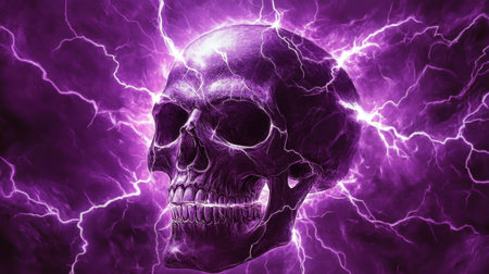 A skull surrounded by vivid purple lightning, highlighting its details and adding a mystical aura to the composition.の素材