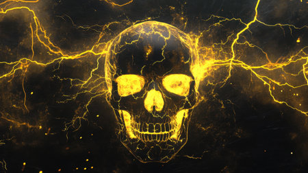 Skull glowing under the dynamic streaks of yellow lightning, creating a bold contrast against the black background.の素材