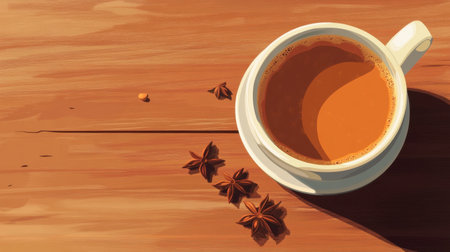 A beautifully styled cup of masala chai, with a mix of aromatic spices scattered around, on a textured wooden surface.の素材