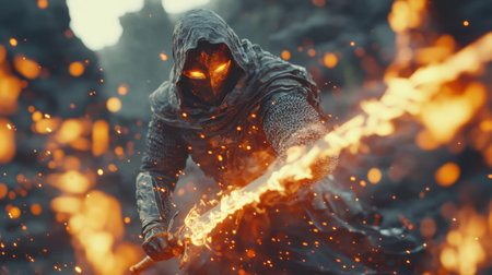 Majestic warrior cloaked in flame, wielding a blazing sword with intensity in a surreal landscape of molten lava and sparksの素材