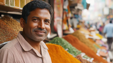 Rows of spices and herbs in a crowded Indian market, reflecting the culinary richness and cultural vibrancyの素材