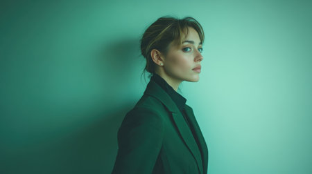 A poised young Caucasian woman in green office wear stands confidently against a sleek backdrop, ready for a marketing campaign with ample space for text.の素材
