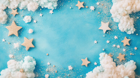 A charming blue-themed background featuring a cute frame border adorned with cartoon-style stars and fluffy clouds, perfect for adding a whimsical touch to artistic projects.の素材