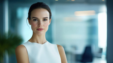 A poised twenties Caucasian woman in an elegant white dress stands against a professional office background, radiating confidence and style, ready for advertising with space for text.の素材