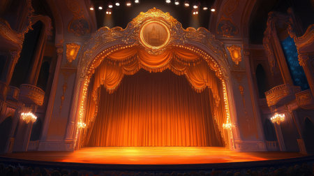 A captivating theater stage scene showcasing elegant orange curtains and vibrant spotlights, ideal for creating a theatrical ambiance in illustrations and designs.の素材
