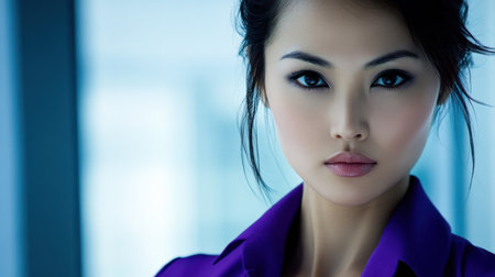 A model portrait of a confident Asian woman in purple attire, radiating elegance and professionalism in a contemporary office environment, ideal for marketing.の素材