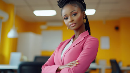 A confident African woman with black hair in pink formal attire stands poised in a modern office environment, exuding professionalism for an advertising concept.の素材