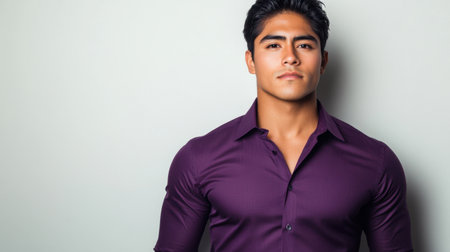 A confident Hispanic man with black hair in a stylish purple shirt poses straight against a plain white background, exuding professionalism for an advertising concept.の素材