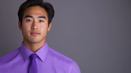 A model portrait of a young Asian man in purple business wear, radiating confidence and style, with space for text in an advertising concept.の素材