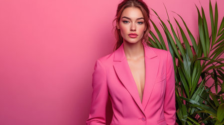 A confident Caucasian woman in pink attire stands against a stylish office backdrop, ready for a promotional campaign with space for advertising text.の素材