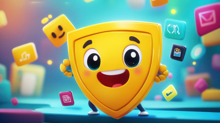 Adorable cartoon shield character blocking hacker icons, symbolizing data protection, with cheerful expression and bright backgroundの素材