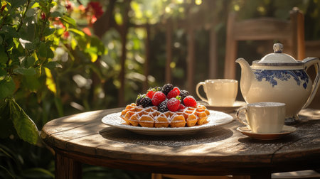 Rustic setting with Belgian waffles topped with fresh berries and powdered sugar for a classic look.の素材