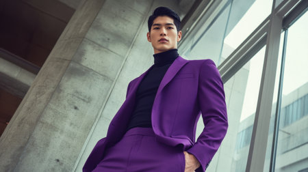 An empowered young Asian man in a sharp purple outfit poses in a contemporary office, showcasing professionalism and charm for marketing.の素材