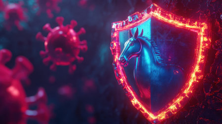 3D render of a Trojan horse virus blocked by a glowing shield, vibrant colors highlighting cybersecurity and protectionの素材
