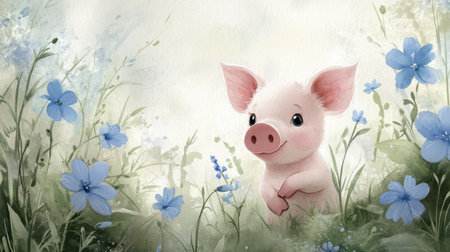 Adorable baby piglet in watercolor, soft pink and green setting with blue flowers, evoking innocence and charmの素材