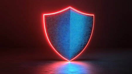 3D shield glowing in blue and red lights, symbolizing protection in network space, abstract digital backgroundの素材