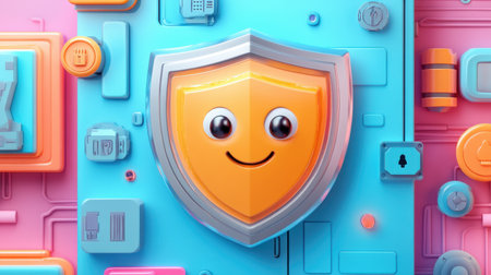 Adorable cartoon shield character blocking hacker icons, symbolizing data protection, with cheerful expression and bright backgroundの素材