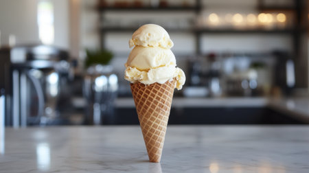 Vanilla soft serve ice cream in a waffle cone, set against a simple background for a classic look.の素材