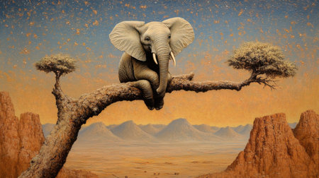 A lonely elephant perched on a small tree branch against a vast desert backdrop, sky painted in warm evening tones, evoking surrealismの素材