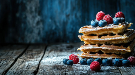 Stack of crispy Belgian waffles with blueberries, raspberries, and sugar on a rustic wooden table.の素材