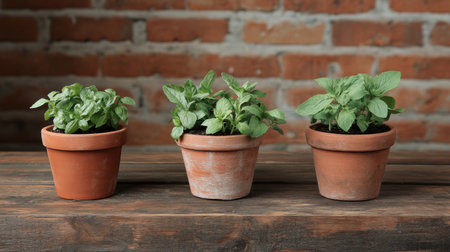 Rustic setup of aromatic herbs like mint and basil in old clay pots on wooden background.の素材