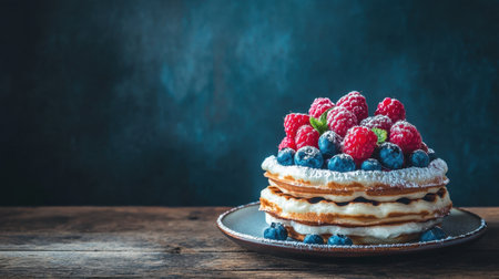 Stack of crispy Belgian waffles with blueberries, raspberries, and sugar on a rustic wooden table.の素材